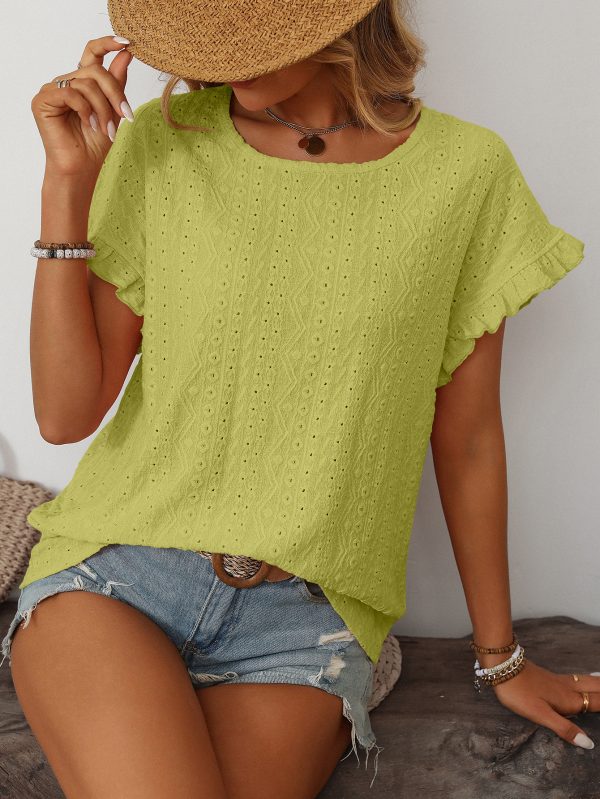 Women’s Spring Summer Solid Color Round Neck Short Sleeve Cutout T-Shirt - Image 6