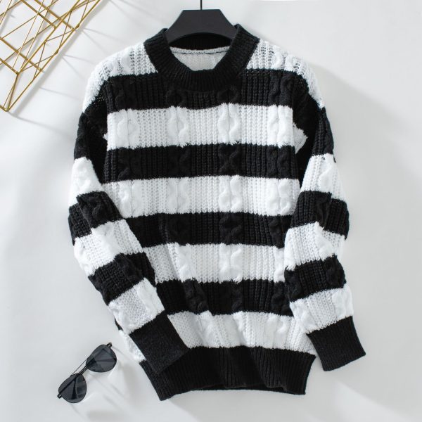 Retro Stripe Twisted Knit Pullover Sweater for Women - Image 3