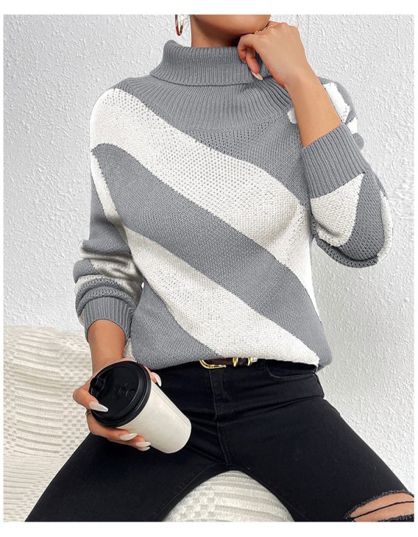 Autumn Winter Turtleneck Pullover Contrast Color Diagonal Striped Knitted Bottoming Shirt - Image 3