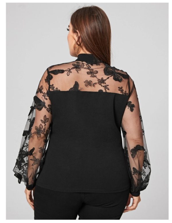 Plus Size Mesh Stitching Lace-Up Long Sleeve Shirt - Image 5