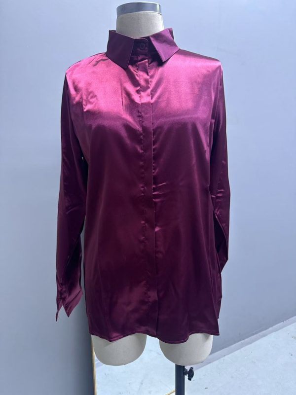 One Button Satin Shirt Office Long Sleeve Shirt Spring Summer Loose Top - Image 6