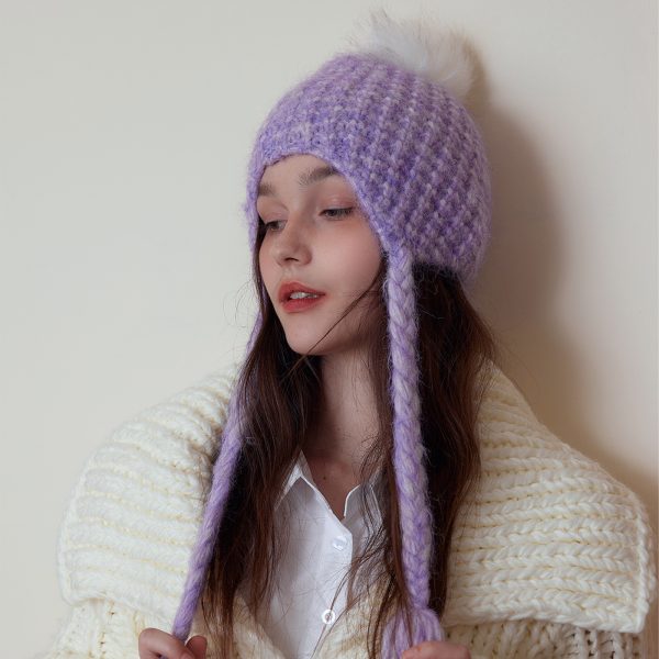 Japanese Solid Color Knitted Earmuffs Beanie Hat for Women - Winter