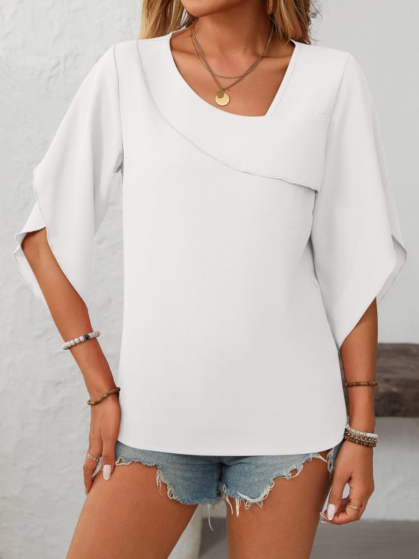 Summer Women’s Casual Oblique V-Neck Chiffon Top with Puffed Sleeves - Image 3