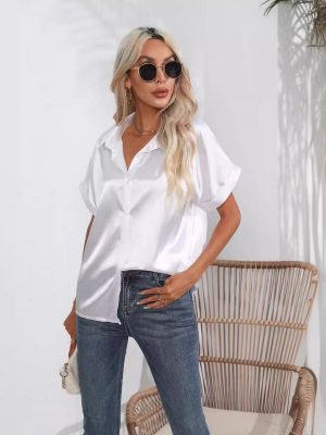 Women’s Satin Button Shirt Short Sleeve Casual Loose Top