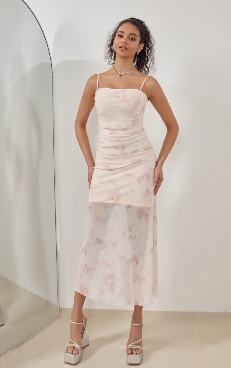 Spring Summer Sweet Printed Pleated Fishtail Cami Dress - Image 3