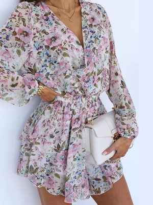 Autumn V-Neck Floral Chiffon High Waist Long Sleeve Dress