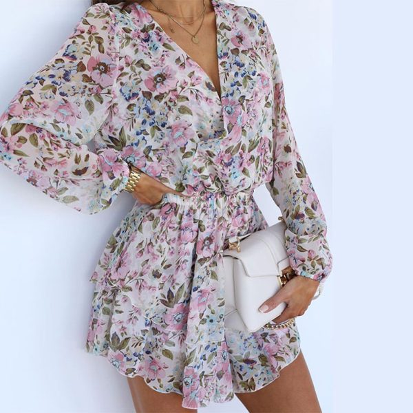 Autumn V-Neck Floral Chiffon High Waist Long Sleeve Dress