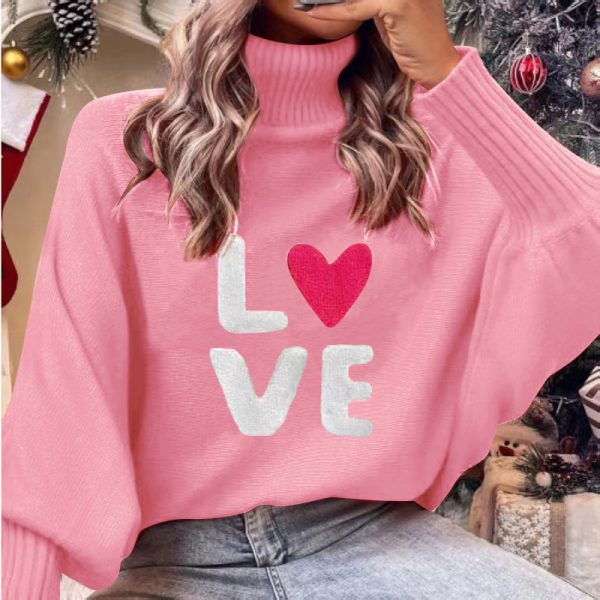 Valentine's Day Love Red Turtleneck Sweater Batwing Sleeve Loose Pullover Knitted Top - Image 2