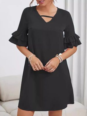 Spring Summer Plus Size Bell Sleeve Mid-Length Dress for Women