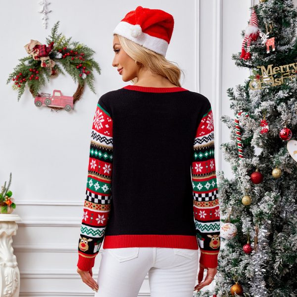 Casual Christmas Elk Embroidered Crew Neck Pullover Sweater - Image 2