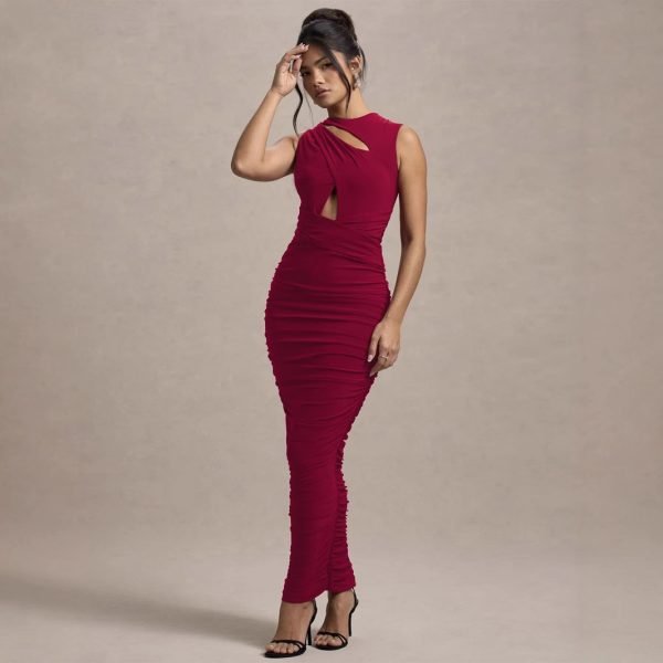 Elegant Pleated Slim Sleeveless Round Neck Sheath Dress for Autumn & Winter - Image 2