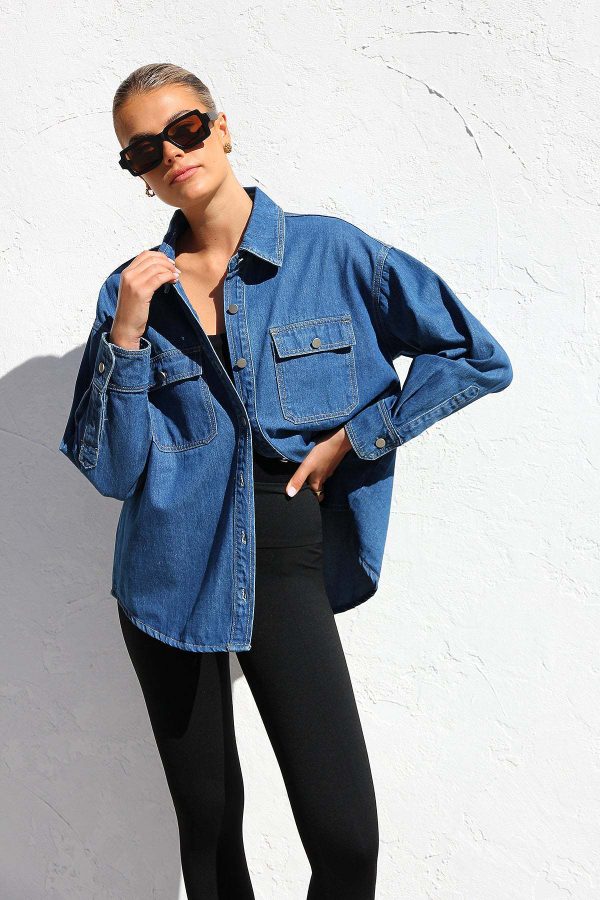 Casual All-Match Women’s Denim Shirt with Double Pockets, Loose Fit Shirt - Image 3