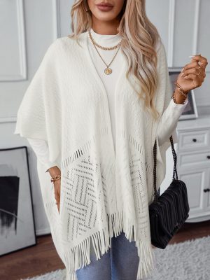 Solid Color Knitted Tassel Cutout Cape Shawl for Women