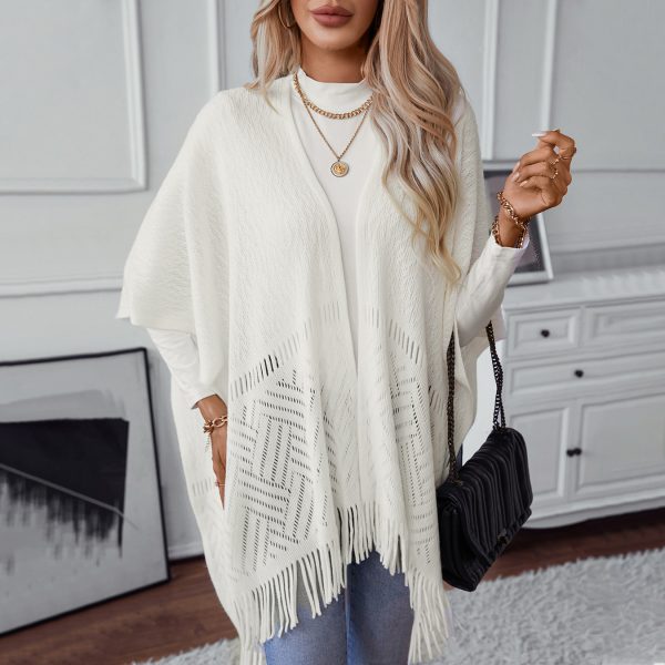 Solid Color Knitted Tassel Cutout Cape Shawl for Women