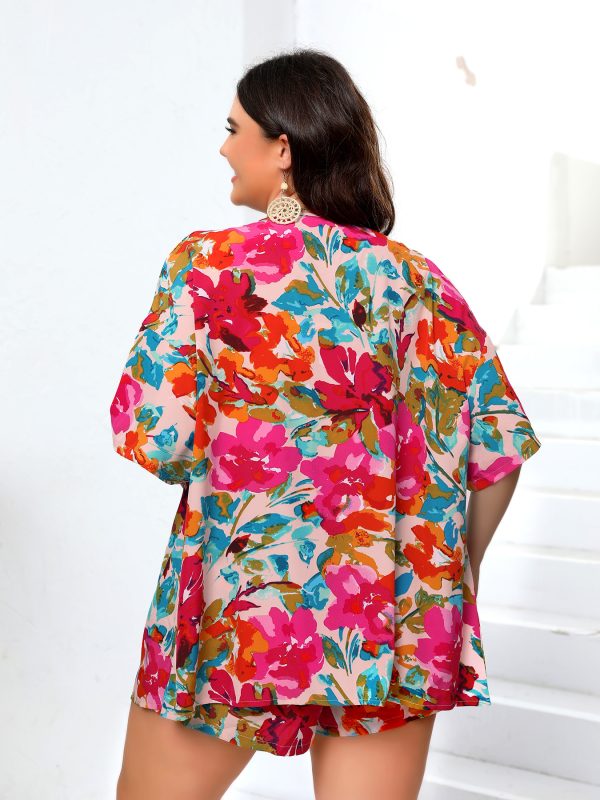 Plus Size Floral Two-Piece Set - Elegant Short Sleeve Shirt and Bottoms - Image 2