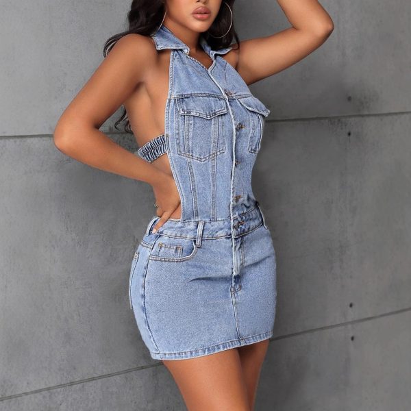 Halter Backless Denim Dress for Women - Image 2