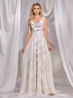 White V-Collar Printed Chiffon Maxi Dress – Bridesmaid & Cocktail