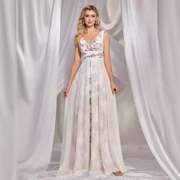 White V-Collar Printed Chiffon Maxi Dress - Bridesmaid & Cocktail