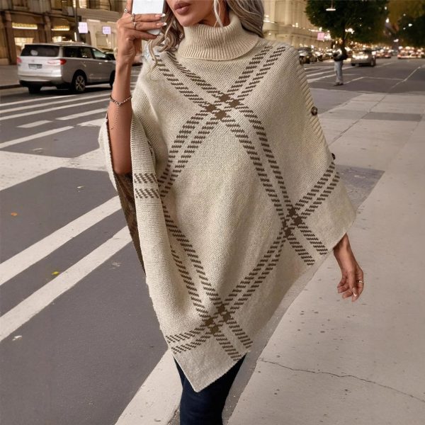 Autumn Winter Plaid Cloak Batwing Turtleneck Knitted Sweater