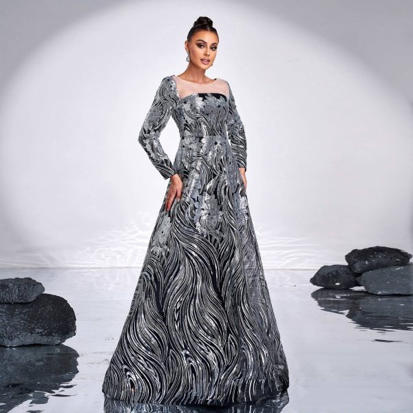 High-Grade Long Sleeve Round Neck Sequin Rope Large Swing Cocktail Evening Dress - Image 2