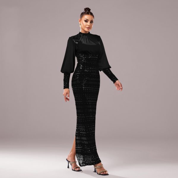 High-Grade Long Sleeve Round Neck Sequin Split Cocktail Evening Dress - Image 2