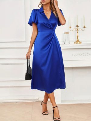 Satin Solid Color Short Sleeve Long Pattern Dress