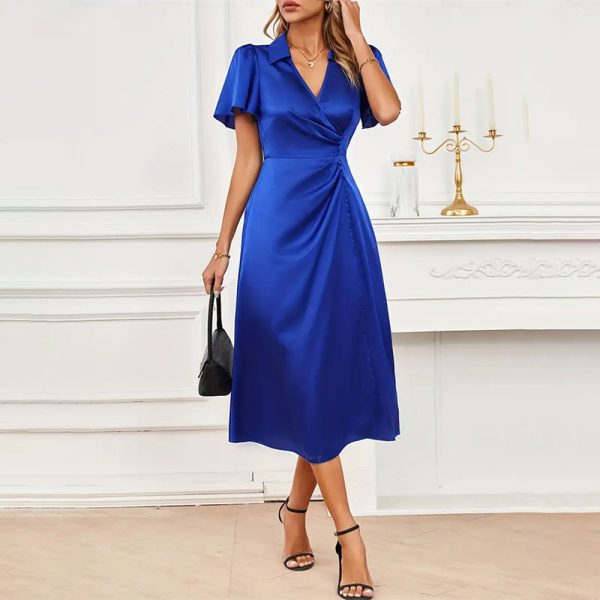 Satin Solid Color Short Sleeve Long Pattern Dress