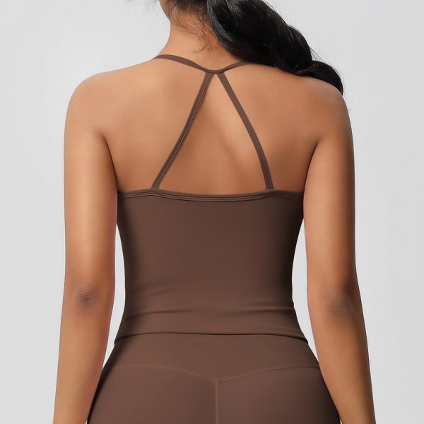 Solid Color Nude-Feel Brushed Sling Yoga Top with Beautiful Back Design - Image 3