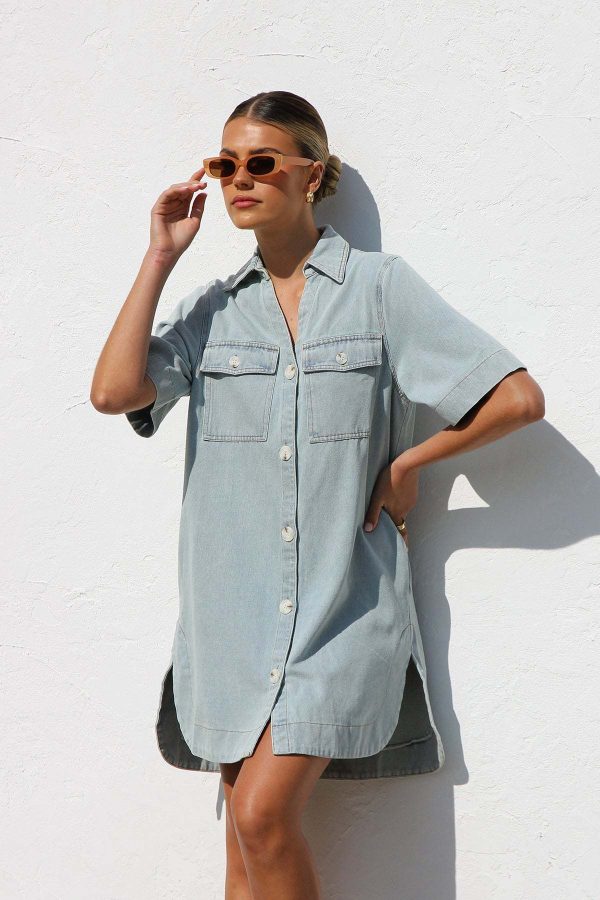 Summer Short Sleeve Collared Casual Denim Dress for Women - Image 2