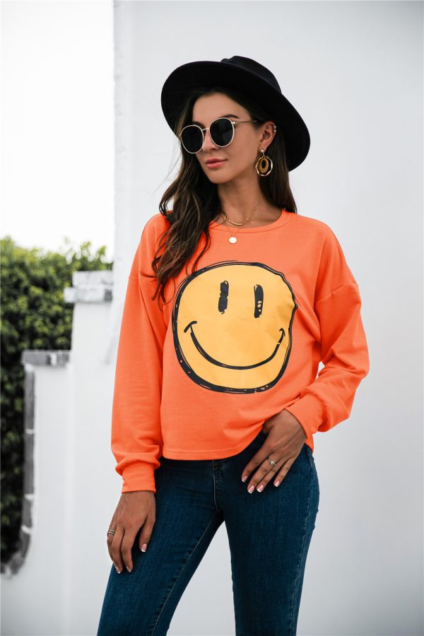 Round Neck Smiley Face Print Casual Long Sleeve Sweatshirt for Women - Image 2