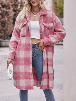 Autumn Winter Women’s Long Cut Mohair Plaid Coat for Elegant Cold-Weather Style