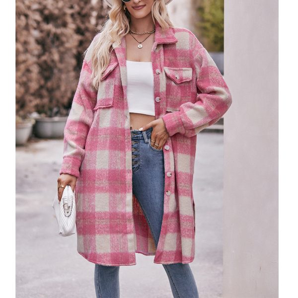 Autumn Winter Women’s Long Cut Mohair Plaid Coat for Elegant Cold-Weather Style