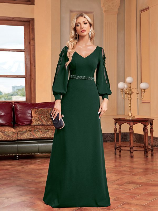 Long Sleeve V-Neck Bead Fishtail Maxi Evening Dress - Image 3