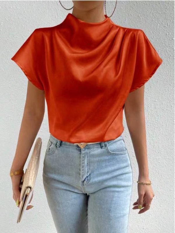 Round Neck Short Sleeve Left Shoulder Pleated T-shirt Satin Women Top - Image 3