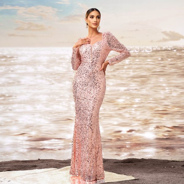 High-End Long Sleeve Square Neck Cocktail Sequined Sheath Fishtail Evening Dress - Image 3