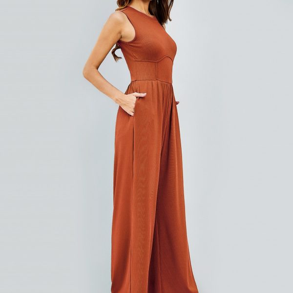 Women Solid Color High Waist Slim Fit Bodysuit Wide Leg Evening Dress - Image 3