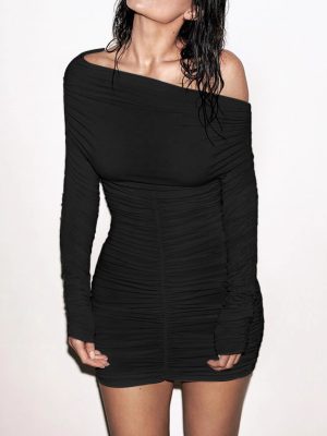 Sexy Off-Neck Pleated Long Sleeve Tube Dress for Women