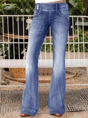 Popular Vintage Mid-Waist Skinny Jeans with Side Button Detailing