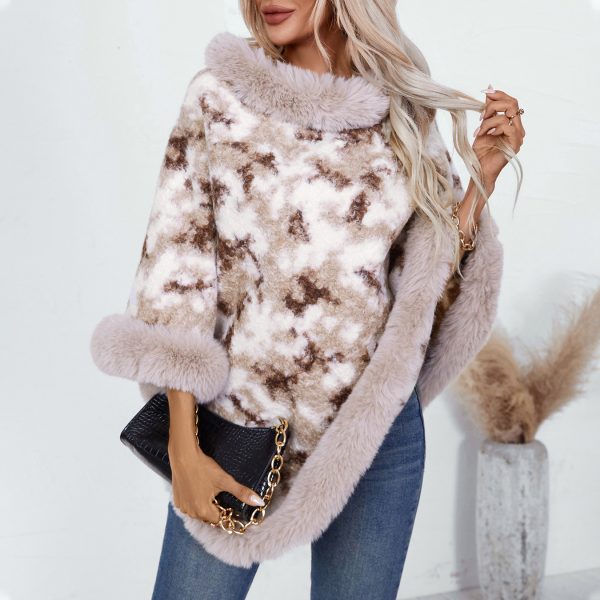 Fur Collar Leopard Print Knitted Cape Sweater for Women