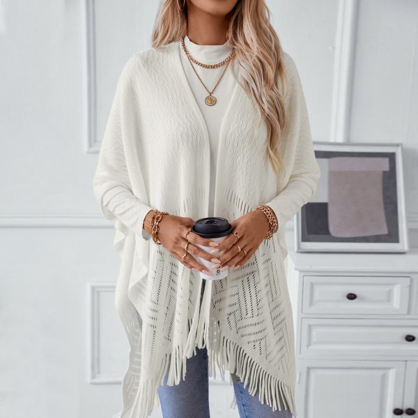 Solid Color Knitted Tassel Cutout Cape Shawl for Women - Image 3