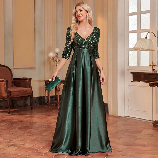 Women’s V-Neck Long Sleeve Sequined Evening Dress