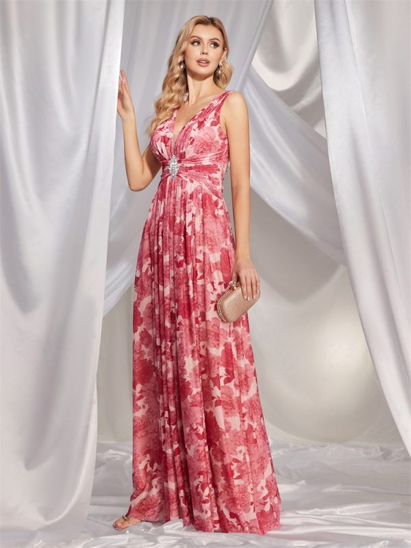 Pink V-Neck Printed Chiffon Maxi Dress - Bridesmaid & Cocktail - Image 3