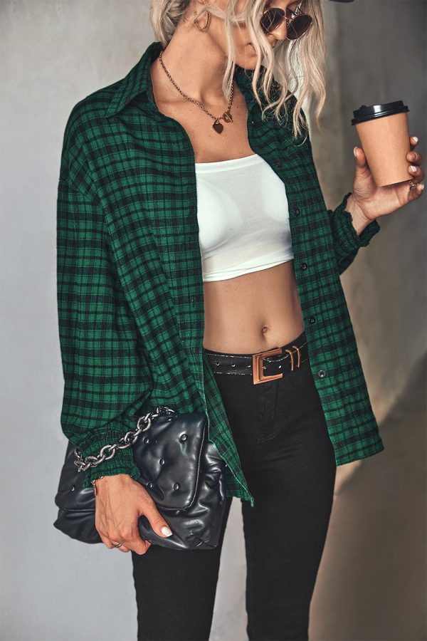 Autumn Winter Loose Puff Sleeve Plaid Shirt for Women - Image 4