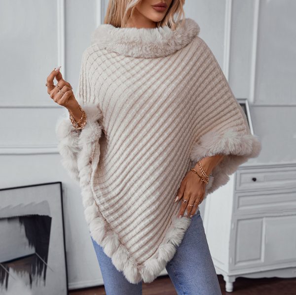 Solid Color Fur Collar Plaid Knitted Cape Sweater for Women - Image 4