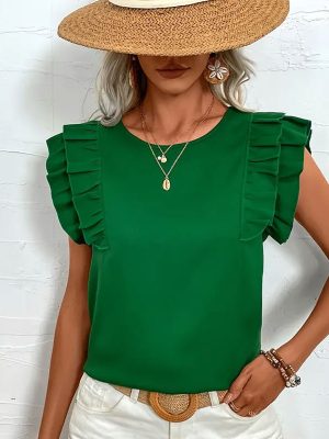 Round Neck Ruffled Sleeveless Flying Sleeves T-Shirt