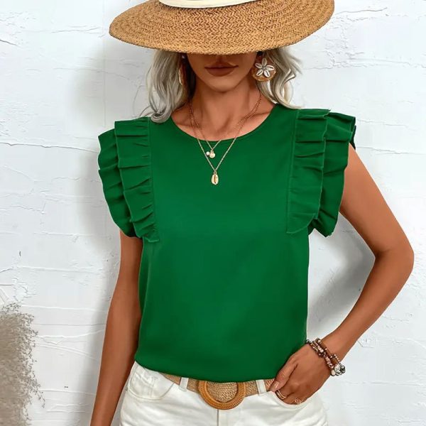 Round Neck Ruffled Sleeveless Flying Sleeves T-Shirt