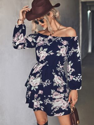 Fall Women’s Floral Print Off-Shoulder Long Sleeve Elastic Waist Dress