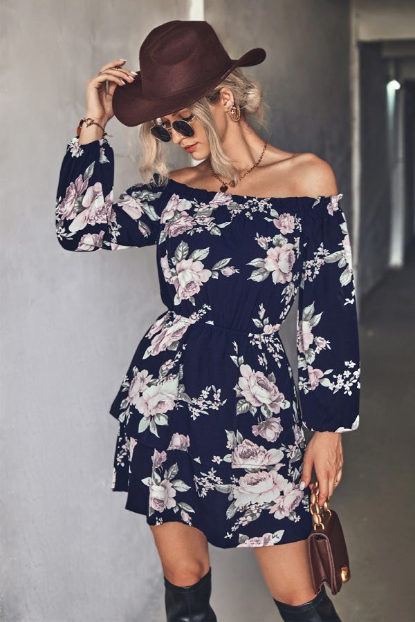 Fall Women’s Floral Print Off-Shoulder Long Sleeve Elastic Waist Dress