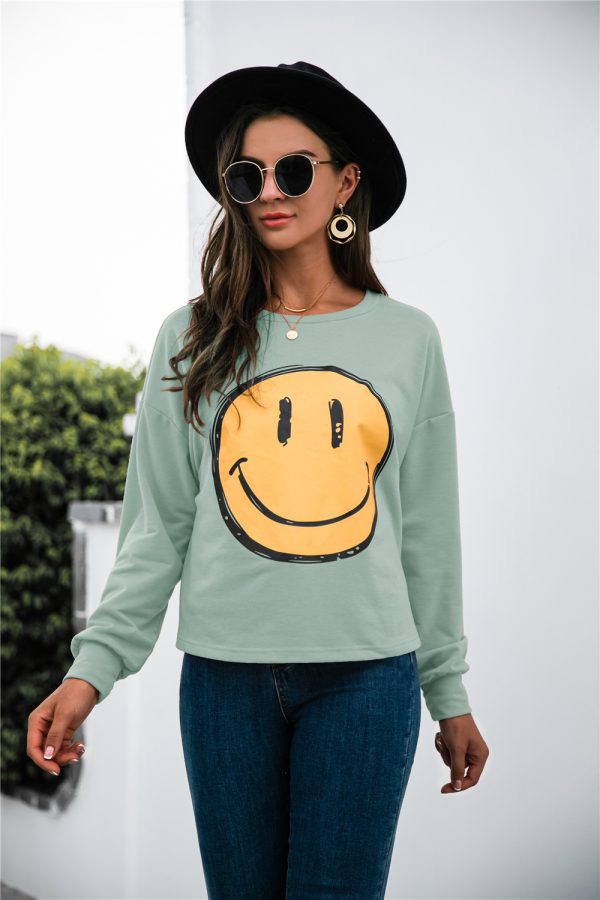 Round Neck Smiley Face Print Casual Long Sleeve Sweatshirt for Women - Image 3