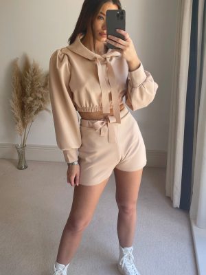 Autumn Winter Women’s Solid Color Hooded Puff Sleeve Shorts Suit